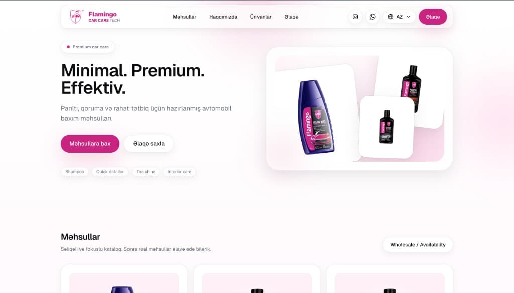 Flamingo Car Care Tech — homepage with hero and product collage