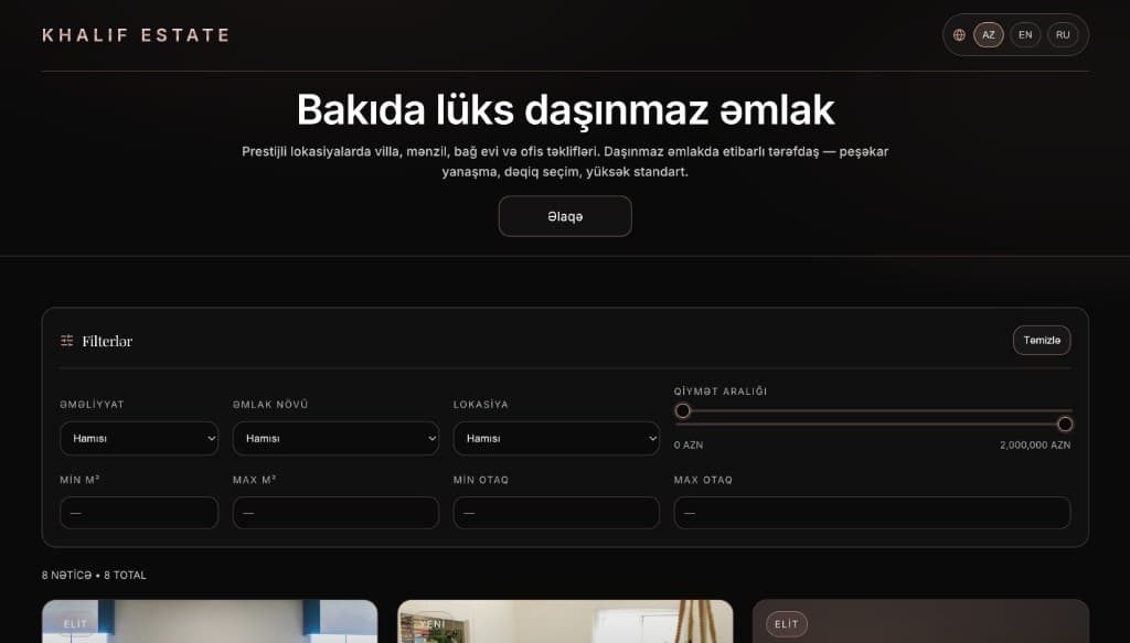 Khalif Estate — filter sistemi və qiymət aralığı UI