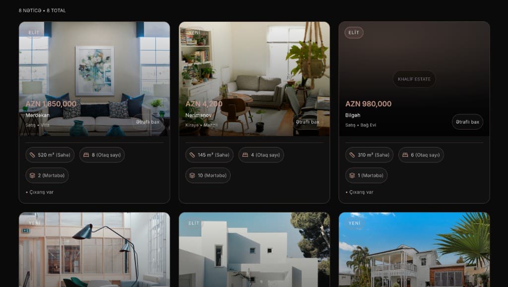 Khalif Estate — premium elan kartları, badge və ikonlar