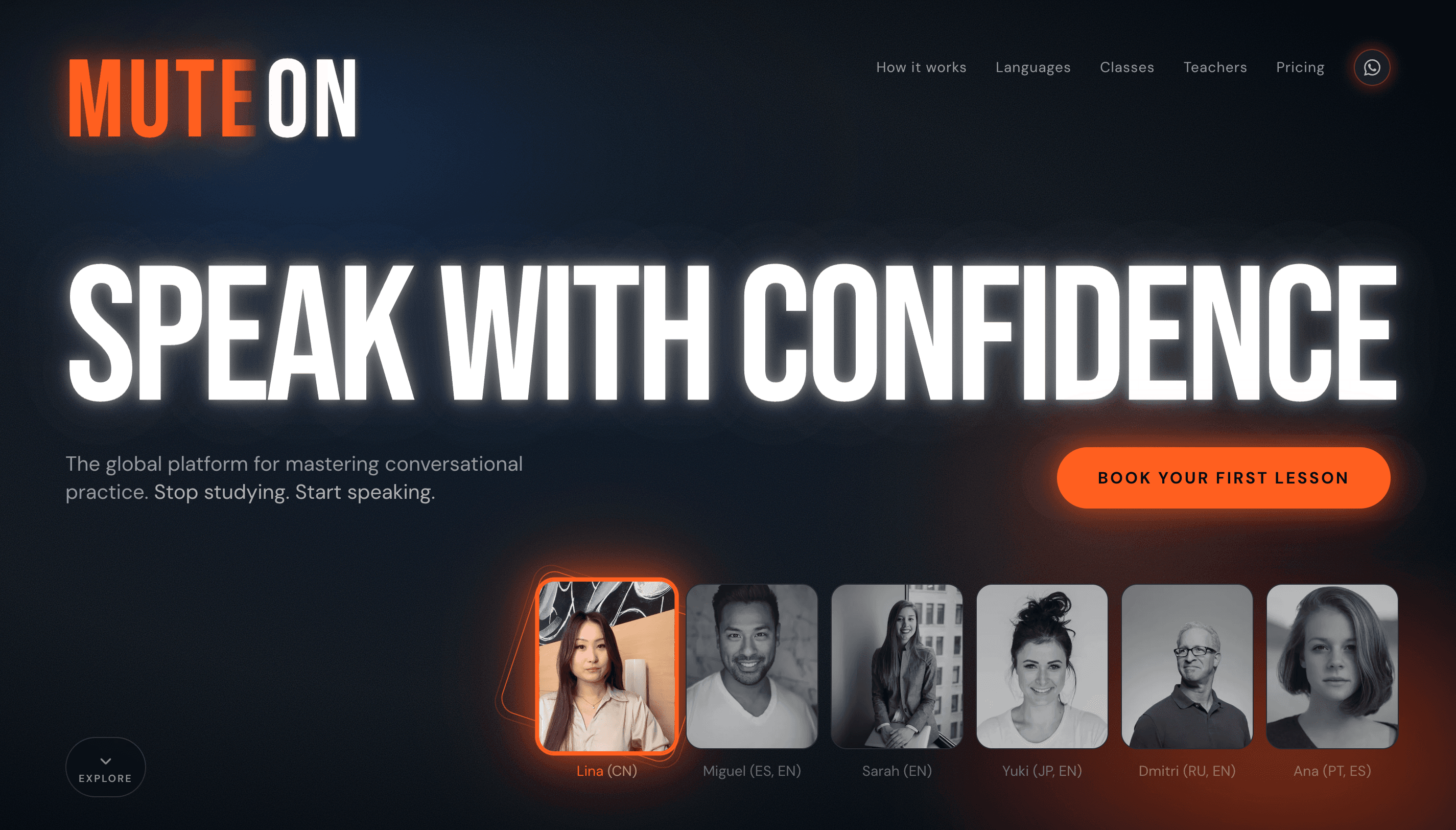 MUTE.ON — homepage hero with Speak With Confidence